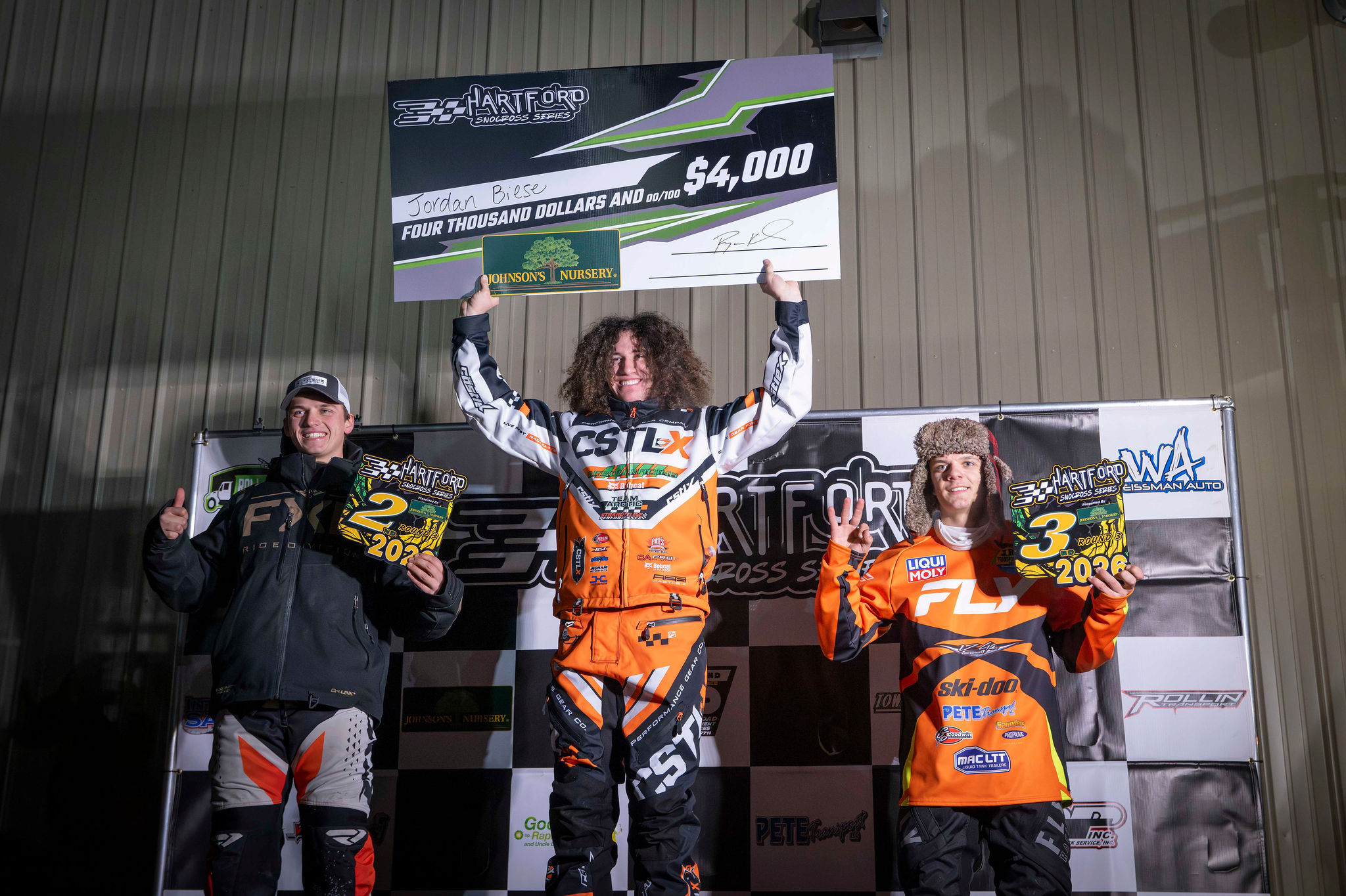 Hartford Snocross podium with $4,000 winner's check